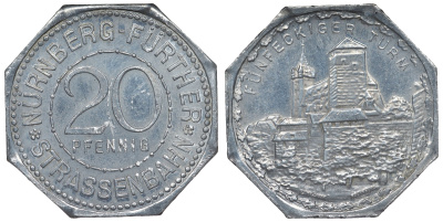 Германия, Нюрнберг - Фюрт 20 пфеннигов ND трамвайный жетон, пятиугольная башня алюминий UNC 4119-621