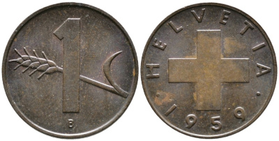 ШВЕЙЦАРИЯ 1 РАППЕН 1959 В KM 46 бронза 4528-621