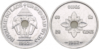 Лаос 20 центов 1952 король Сисаванг Вонг (1904-1959), слоны KM 5 алюминий 4545-521