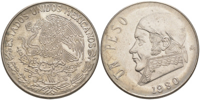 Мексика 1 песо 1980 Хосе Мария Морелос, закрытая 8 KM 460 медно-никель 3855-1243
