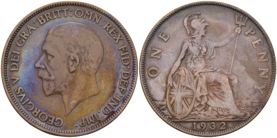 Великобритания 1 пенни 1932 Георг V (1910-1936) KM 838, Spink 4055 бронза 4117-824
