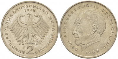 ФРГ 2 МАРКИ 1978 F, КОНРАД АДЕНАУЭР KM 124, J. 406 медно-никель плакированный никелем плакированный никелем 3996-922