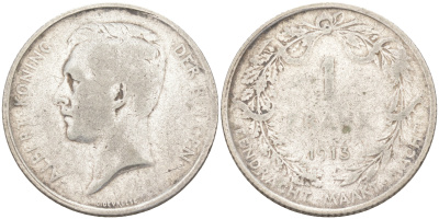 Бельгия 1 франк 1913 Альберт I (1909-1934), Der Belgen KM 73.1 серебро 106-426