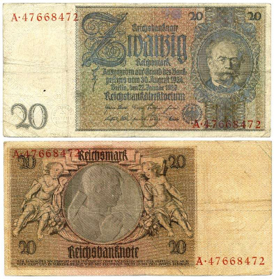 ГЕРМАНИЯ 20 РЕЙХСМАРОК 1929 22 ЯНВАРЯ 1929, ВОДЯНОЙ ЗНАК СИМЕНС Pick 181а бумага 6281-3-1-1