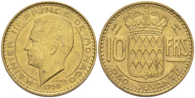 Монако 10 франков 1950 Ренье III (1949-2005) KM 130 алюминиевая бронза 188-1055