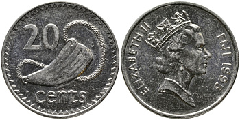 Фиджи 20 центов 1995 Елизавета II (1952-2022), китовый зуб KM 53а сталь плакированная никелем 4536-243