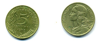 ФРАНЦИЯ 5 САНТИМОВ 1976 ТИП MARIANNE KM 933, LE FRANC 125.12 алюминиевая бронза 3999-626