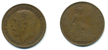 Великобритания 1 пенни 1920 Георг V (1910-1936) КМ 810, Spink 4051 бронза 4110-226