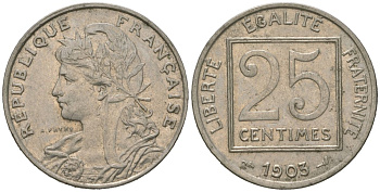 Франция 25 сантимов 1903 KM 855 никель 113-625