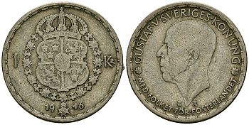 Швеция 1 крона 1946 TS, Густав V (1907-1950) KM 814 серебро 4177-947