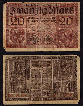 Германия 20 марок 1918 Изображение римской богини Минервы слева и бога Меркурия справа; мужчина в доспехах слева, женщина справа. Pick 57 бумага 6289-55-2-1