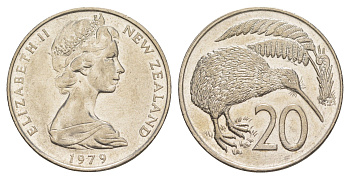 Новая Зеландия 20 центов 1979 Елизавета II (1952-2022), птичка киви KM 36 медно-никель 87-1011