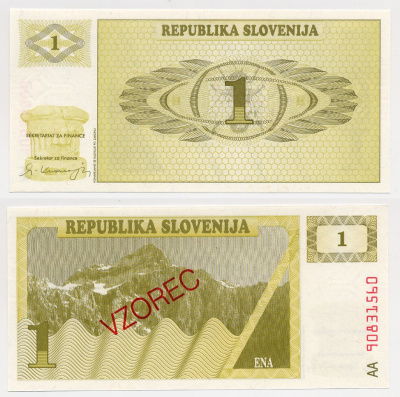 Словения 1 толар 1990 образец, VZOREC, SPECIMEN Pick 1s1 бумага UNC (пресс) 6280-63-1