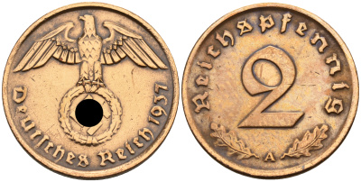 Германия 2 рейхспфеннига 1937 А KM 90, J. 362 бронза    4152-1249