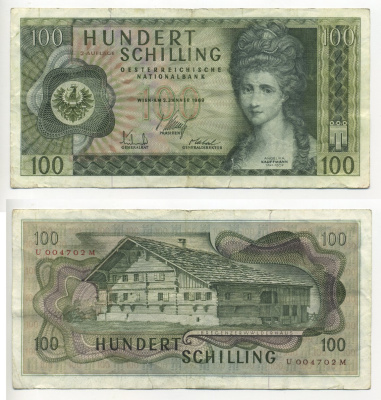 Австрия 100 шиллингов 1969 Анжелика Кауфманн, "Монфор" герб Форарльберга Pick 145a бумага 6294-2-3-1
