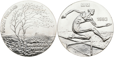 Финляндия 50 марок 1983 K-T, чемпионат мира по атлетике, бег с препятствиями KM 61 серебро UNC 4552-124