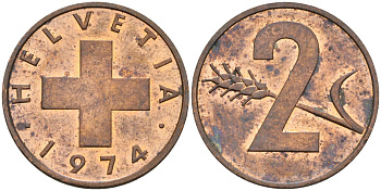 Швейцария 2 раппена 1974 KM 47 бронза 4592-746