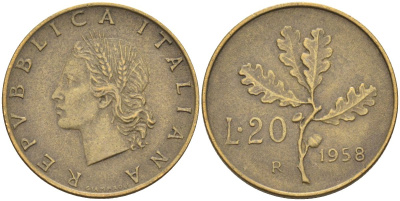 Италия 20 лир 1958 R, дубовая ветвь KM 97.1 алюминиевая бронза 4538-445