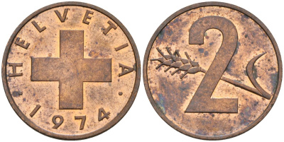 Швейцария 2 раппена 1974 KM 47 бронза 4592-746