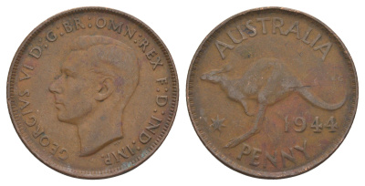 Австралия 1 пенни 1944 Георг VI (1936-1952), кенгуру KM 36 бронза 88-1133