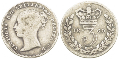 Великобритания 3 пенса 1860 Виктория (1837-1901) KM 730, Spink 3914А серебро 1515-2232