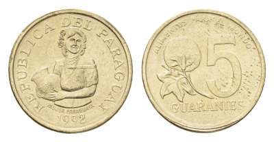 Парагвай 5 гуарани 1992 год-тип KM 166a никель латунь UNC 4668-969