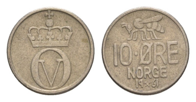 Норвегия 10 эре 1961 Улаф V (1957-1991) KM 411 медно-никель 4632-1147