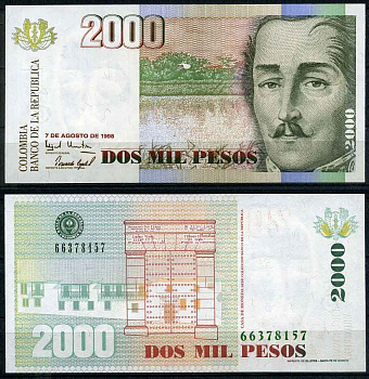 Колумбия 2000 песо 1998 Франсиско де Паула Сантандер Pick 445 d бумага UNC (пресс) 447-56-2