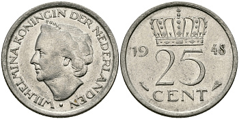 НИДЕРЛАНДЫ 25 ЦЕНТОВ 1948 ВИЛЬГЕЛЬМИНА KM 178 никель 96-116