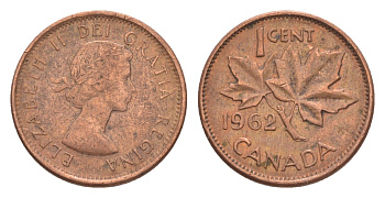 Канада 1 цент 1962 Елизавета II (1952-2022), кленовый лист KM 49 бронза 4639-319