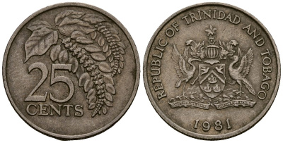 Тринидад и Тобаго 25 центов 1981 цветок дикая пуансеттия KM 32 медно-никель 4176-214