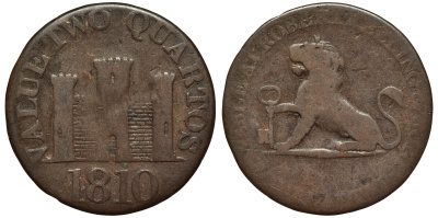 Гибралтар 2 кварты 1810 токен, Роберт Килинг и сыновья, равна двум четвертинкам KM Tn 4.1 медь 441-144