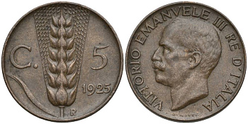 ИТАЛИЯ 5 ЧЕНТЕЗИМО 1925 R, ВИКТОР ЭММАНУИЛ III (1900-1946) KM 59 бронза 4548-1154