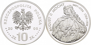 Польша 10 злотых 2005 MW, серия короли польши, Август II Сильный (1697-1706) (1709-1733) KM 461 серебро PROOF 1082-9-71