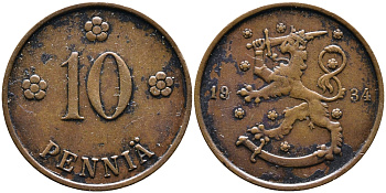 Финляндия 10 пенни 1934 республика (1918-1962) KM 24 медь 4388-856