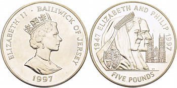 Джерси 5 фунтов 1997 Елизавета и Филипп, золотая свадьба KM 100 медно-никель UNC 118-435