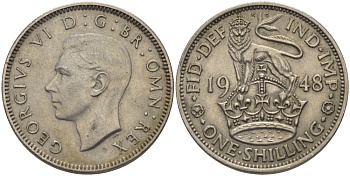 Великобритания 1 шиллинг 1948 Георг VI (1936-1952), Английский герб KM 863, Spink 4105 медно-никель 28-315