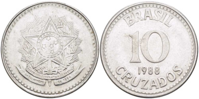 Бразилия 10 крузадо 1988 реформа 1986-1989 KM 607 нержавеющая сталь 210-824