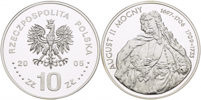 Польша 10 злотых 2005 MW, серия короли польши, Август II Сильный (1697-1706) (1709-1733) KM 461 серебро PROOF 1082-9-71