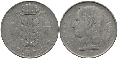 БЕЛЬГИЯ 1 ФРАНК 1950 BELGIQUE KM 142.1 медно-никель 98-614