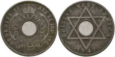 Британская Западная Африка 1/2 пенни 1947 KN, Георг VI KM 18 медно-никель 25-1156