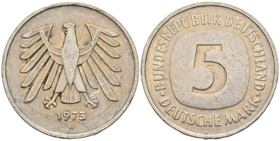 ФРГ 5 марок 1975 G, монетный двор Карлсруэ КМ 140.1, J. 415 медно-никель плакированный никелем 85-1147