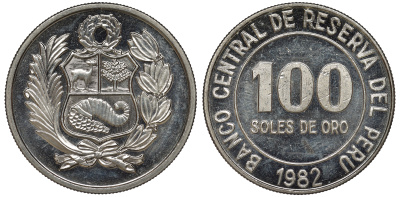 Перу 100 солей 1982 KM 283 медно-никель UNC 4367-725