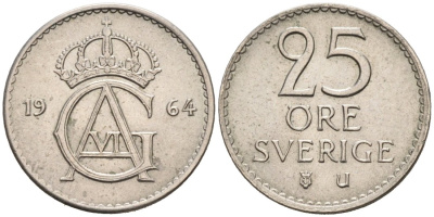 Швеция 25 эре 1964 Густав VI Адольф (1950-1973) KM 836 медно-никель 4564-755