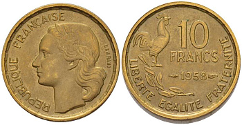 ФРАНЦИЯ 10 ФРАНКОВ 1958 ПЕТУХ KM 915.1, LE FRANC 363.14 алюминиевая бронза 201-353