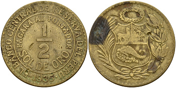 Перу 1/2 соля 1935 KM 220 латунь 4140-222