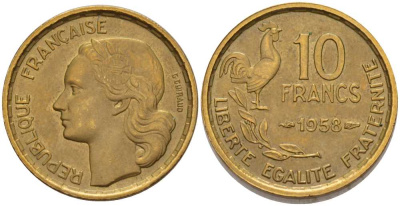 ФРАНЦИЯ 10 ФРАНКОВ 1958 ПЕТУХ KM 915.1, LE FRANC 363.14 алюминиевая бронза 201-353