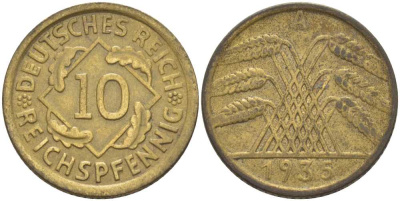 ГЕРМАНИЯ 10 РЕЙХСПФЕННИГОВ 1935 A KM 40, J. 317, Weege 9 алюминиевая бронза 210-422
