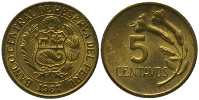 Перу 5 сентаво 1967 KM 244.1, Schon 49 латунь 4528-1218