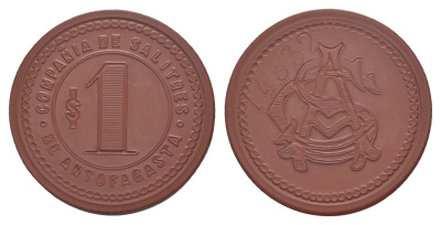 Чили, Антофагаста (Antofagasta) шахтерский жетон с Селитряного рудника для покупки в местных магазинах, номиналом в 1 песо около 1904 диаметр 34,5 мм, вес 4,19 гр Espinosa 22.6 эбонит (красный) 1094-11-23